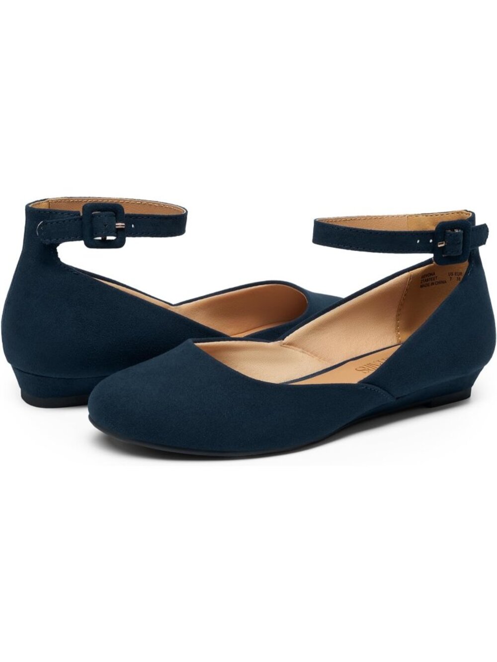 Women's Navy Sued Flat Ballet Low Wedge Round Toe Ankle Strap Casual Flats Shoes - Picture 5 of 6